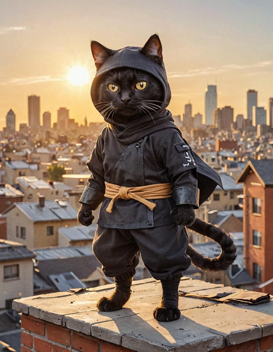 A whimsical and humorous illustration of a cat dressed in a miniature ninja uniform, complete with a ...  by @Quebra