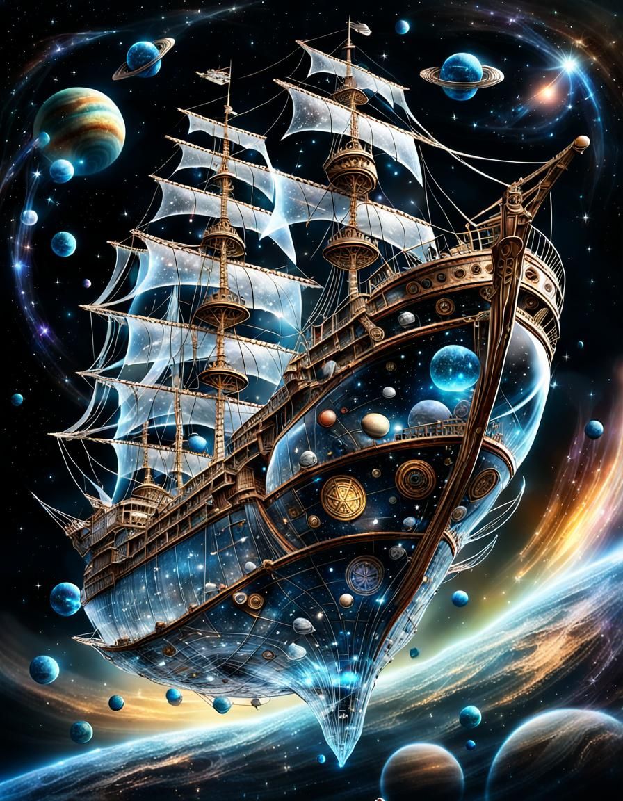 Ghost pirate ship floating in the outer space