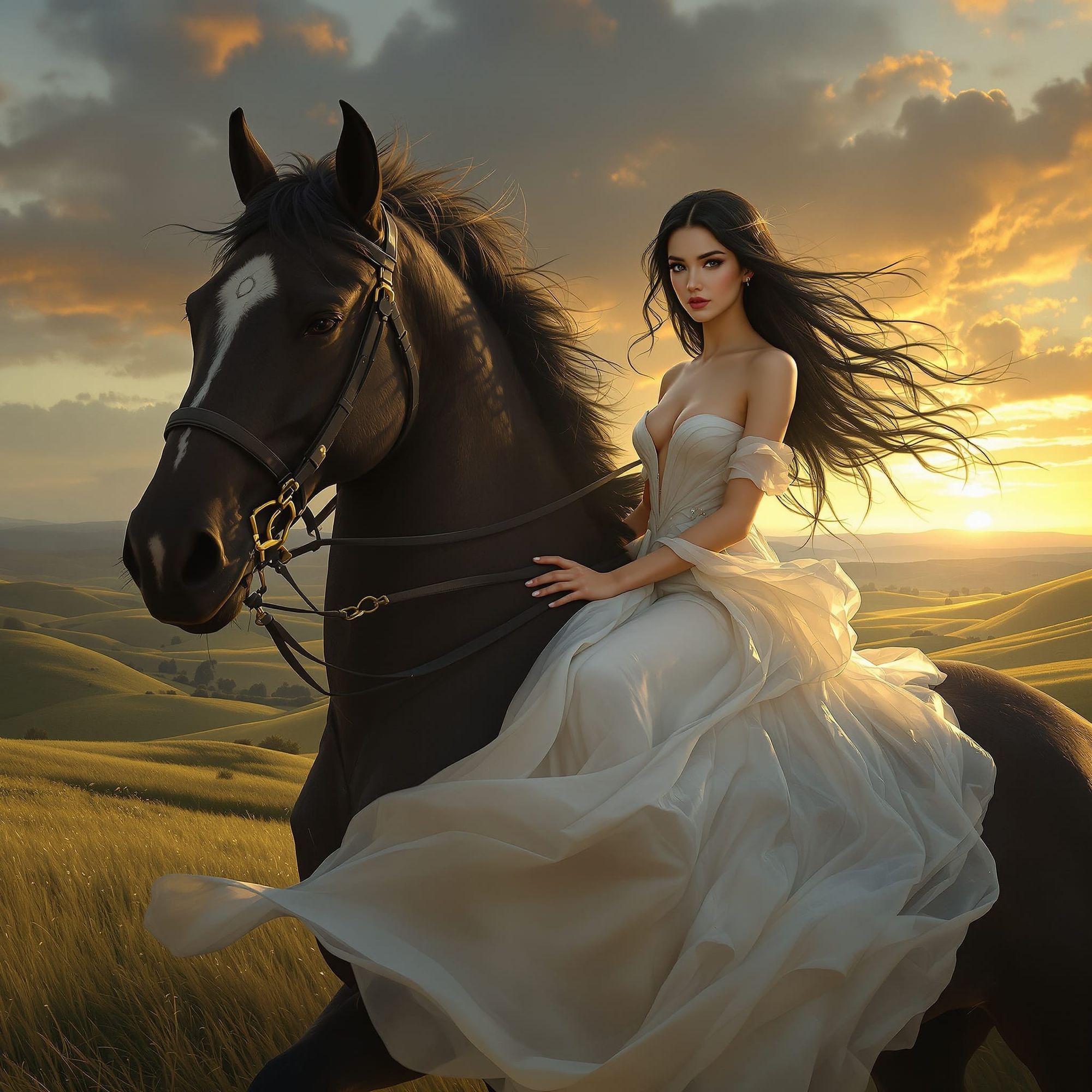 Fantasy woman riding a majestic black stallion