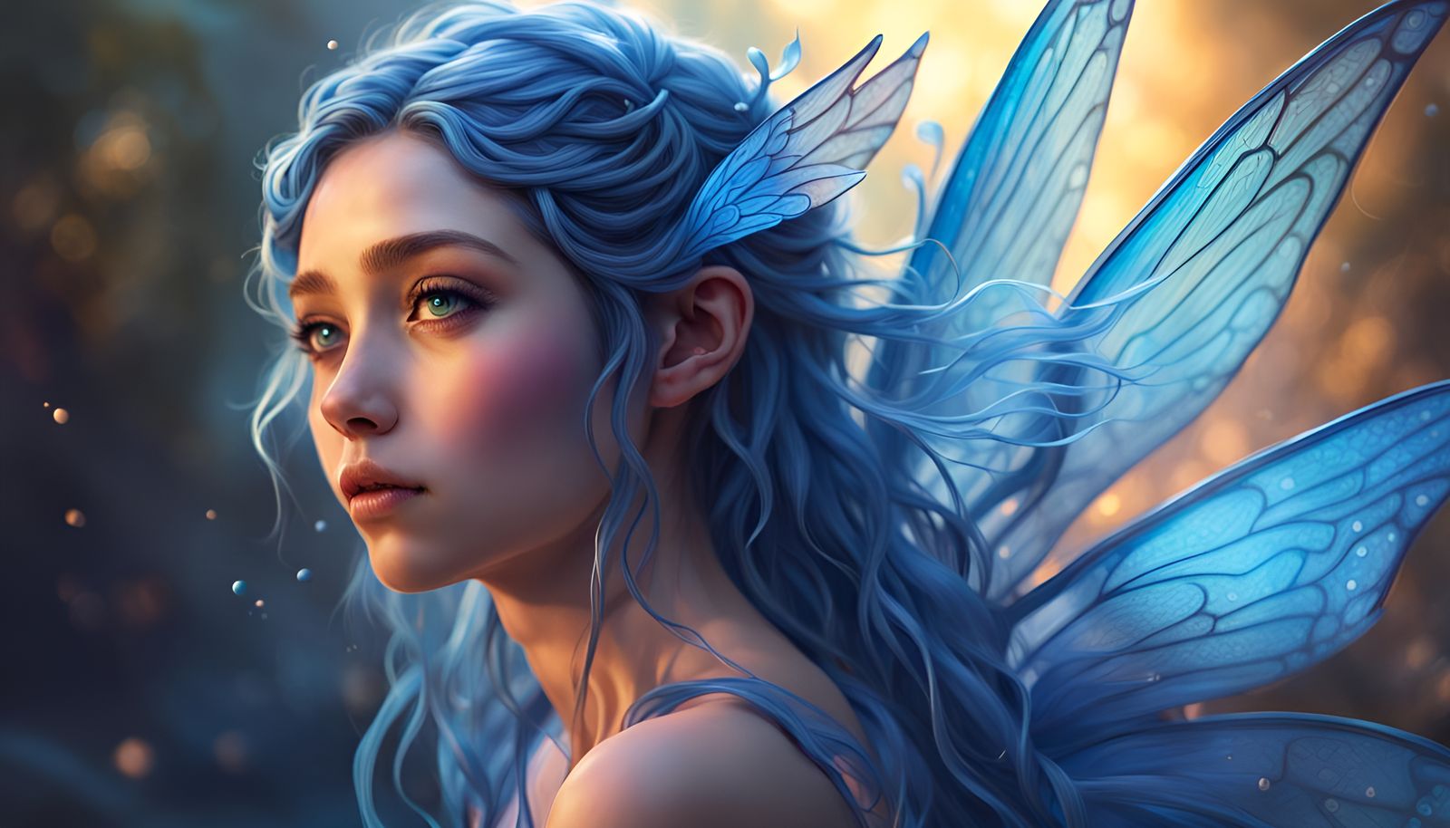 youthful girl, blue color skin, fairy wings, completely blue colored