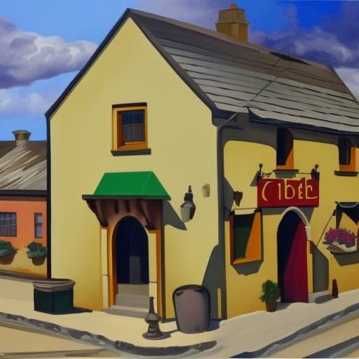 "Realistic painting of an old  Irish village pub"