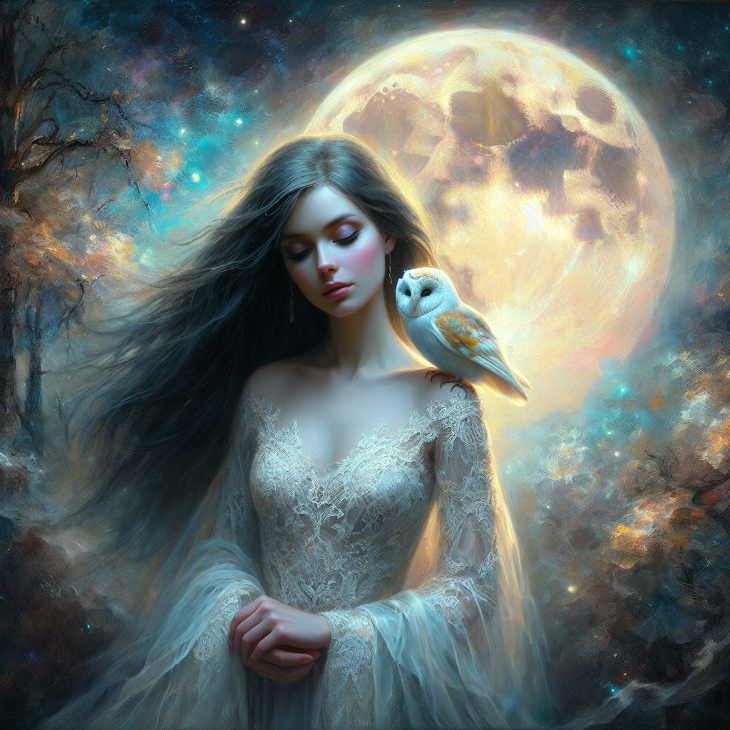 Little owl under the full moon