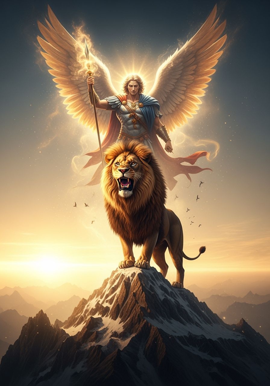 I lion stands majestically at the peak of a mountain. He is roaring with strength and power. The arch angel Micheal is ethereal depicted in ...