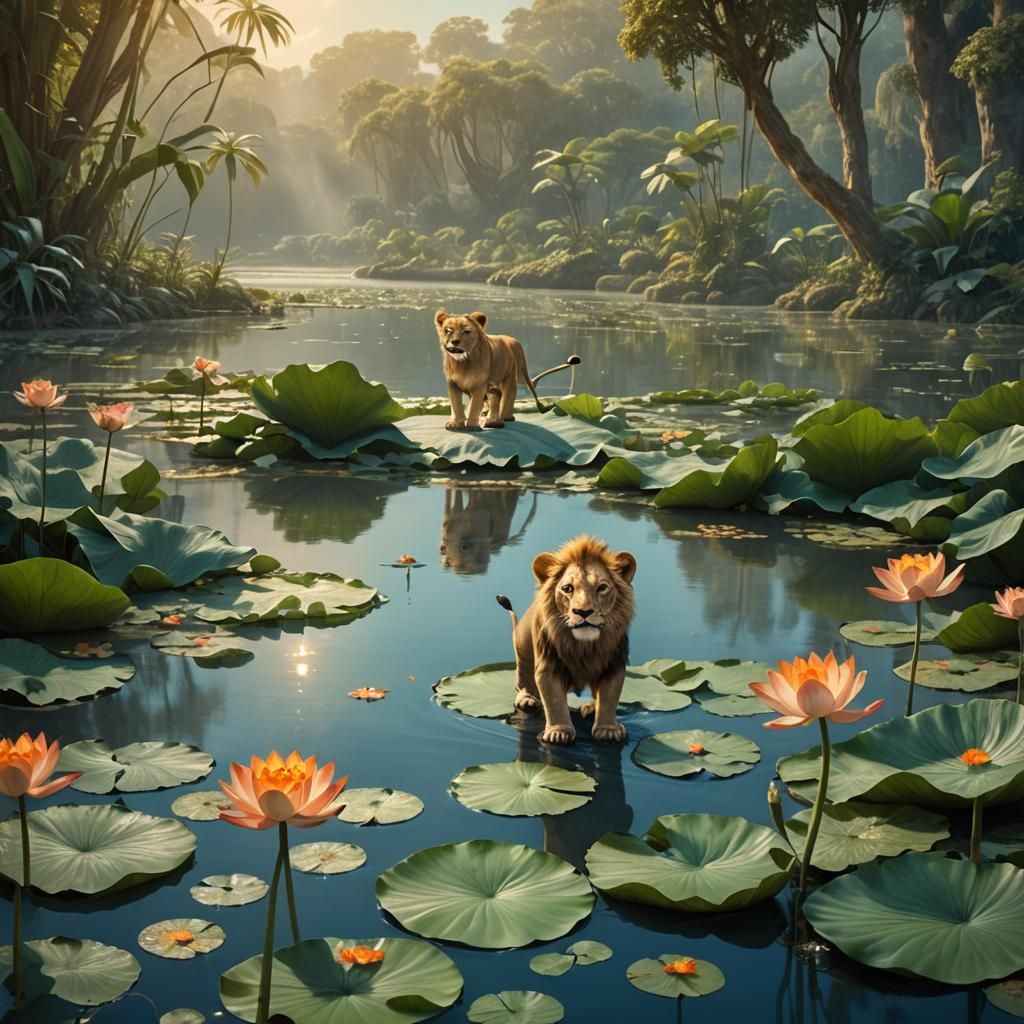 Lion Cub on Lotus Leaf in River, Fantasy Art