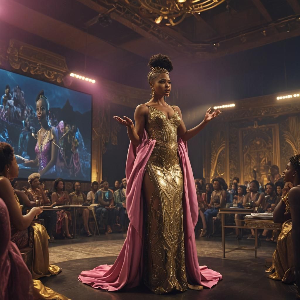 An African-American woman dressed and a magnificent pink and golden gown gives a lecture at the prestigious freedivers awards show.