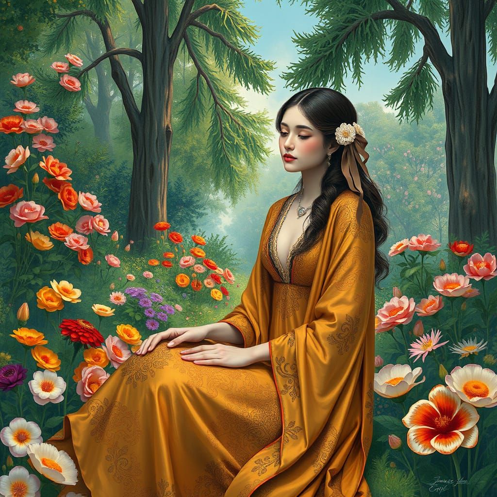 Elegant Woman Sits in a Vibrant Garden, Inspired by Golden P...