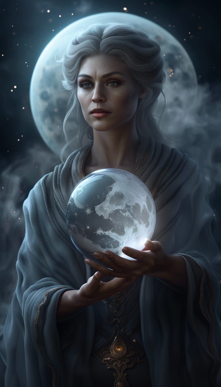 Ancient Woman Magician holding Glass Moon   by @Heralyn