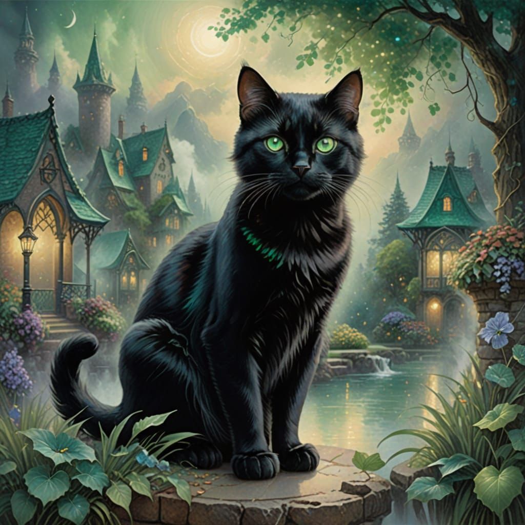 Beautiful black cat with large emerald green eyes