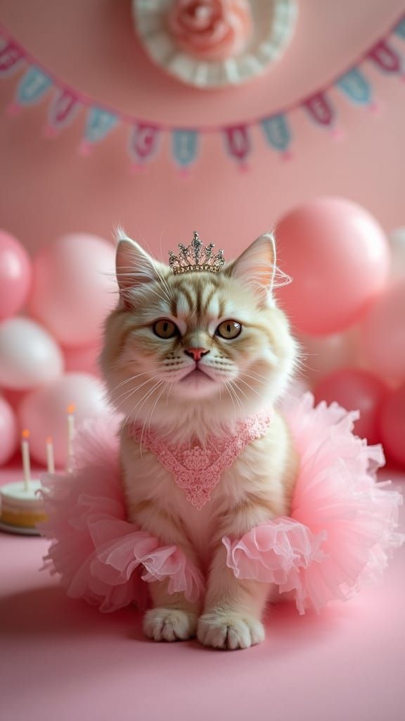 A whimsical and charming portrait of a cat dressed for a
quinceañera celebration. The cat is adorned with a fluffy pink dress, a lace headpi...