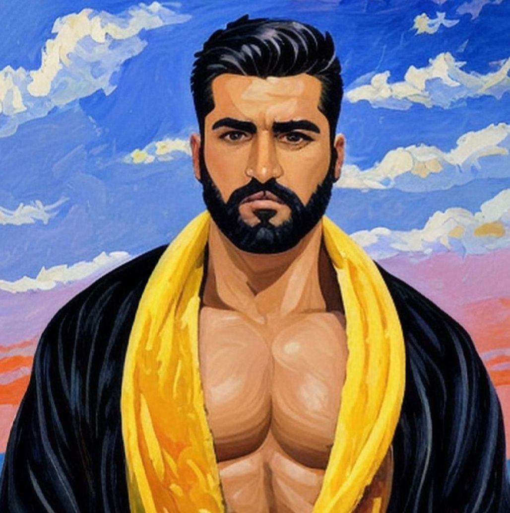 A handsome man with   black  hair and beard wearing a  black...