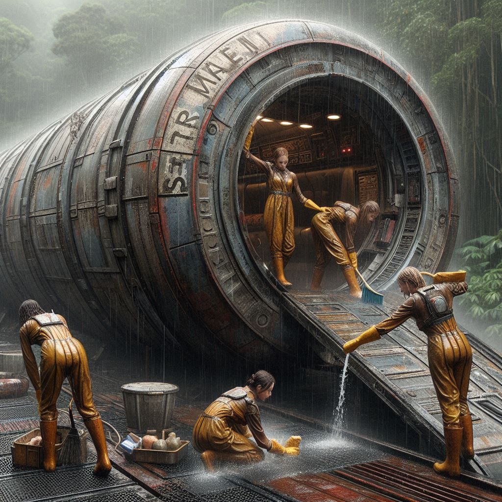 A few tired female workers are cleaning the exit ramp of an ...