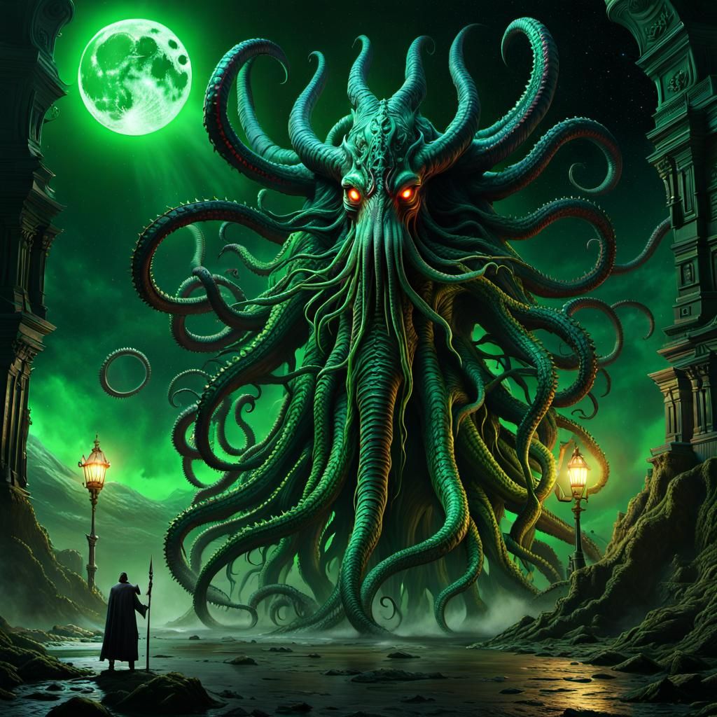 Nyarlathotep manifests in monstrous form under the baleful green light ...