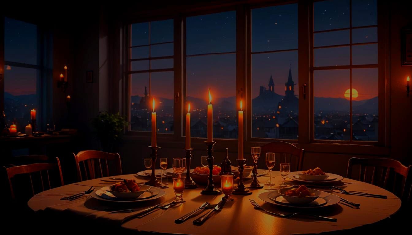 dinner, night, no people, table far away