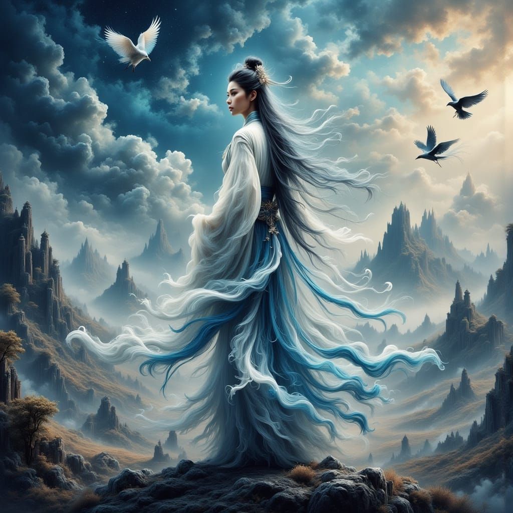 Chinese Man Overlooking Ancient Ruins in Astral Illustration