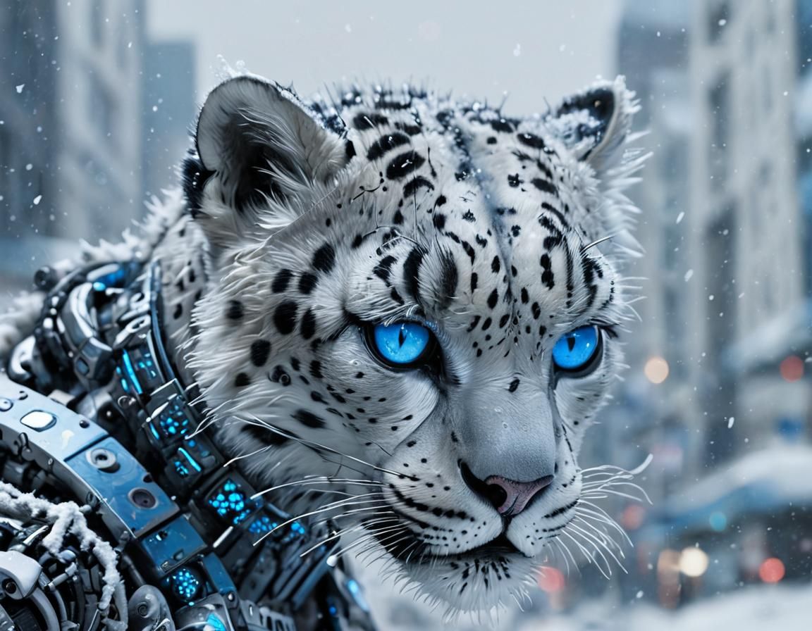 Newborn snow leopard cyborg photorealistic, intricate fur details, intricate mech details, black, white and blue polished metal body,  photo...