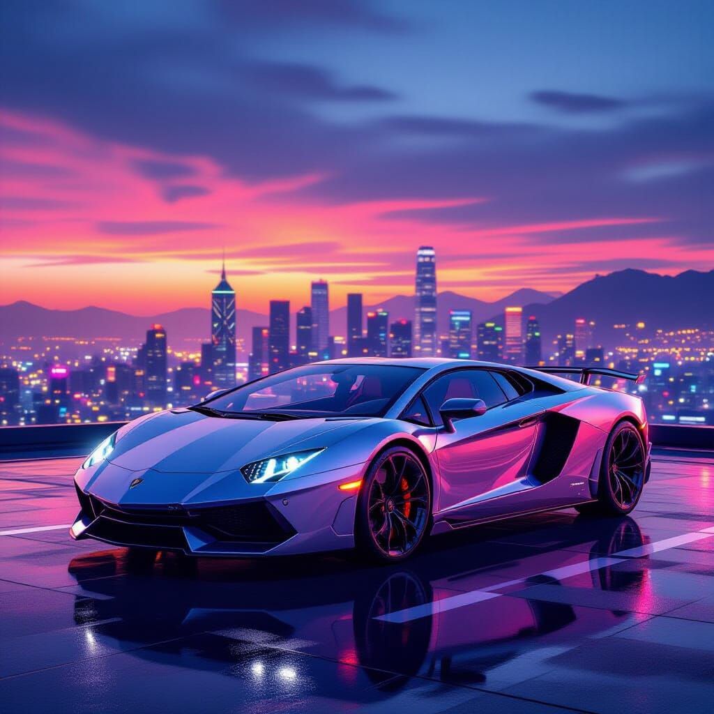 Futuristic Lamborghini on Rooftop Overlooking Neon City