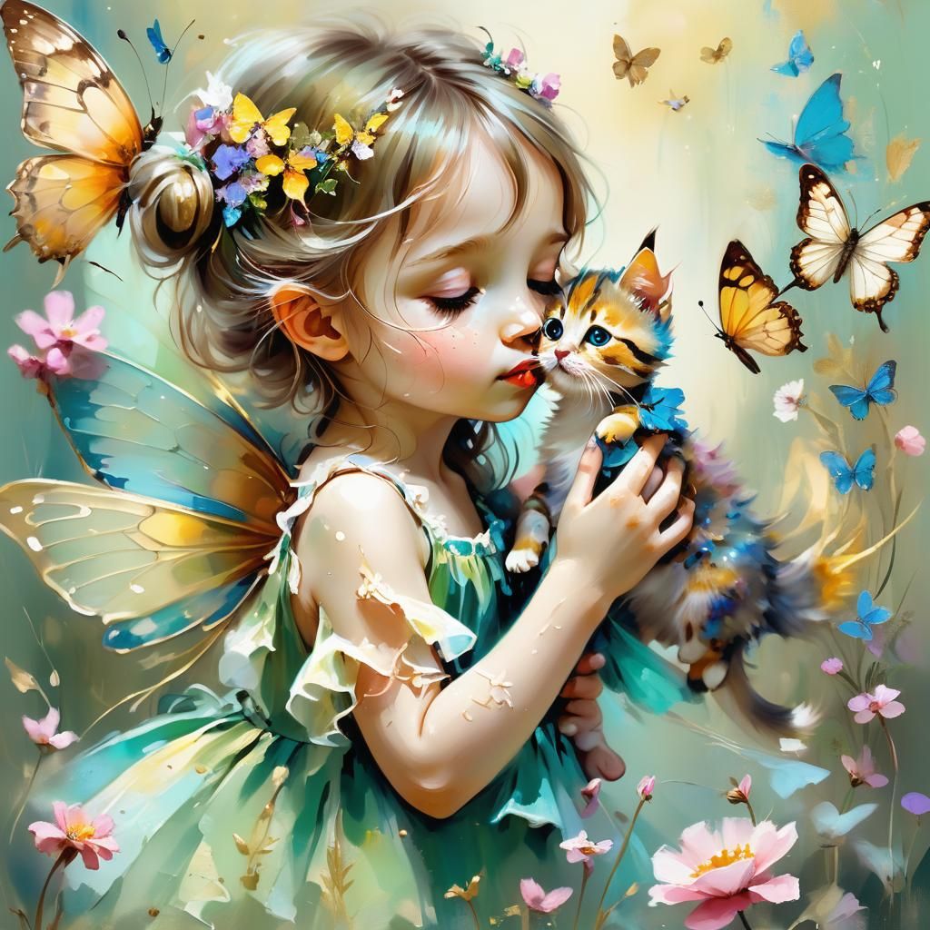 Fairy and Kitten Kiss in Spring Meadow: Oil Painting