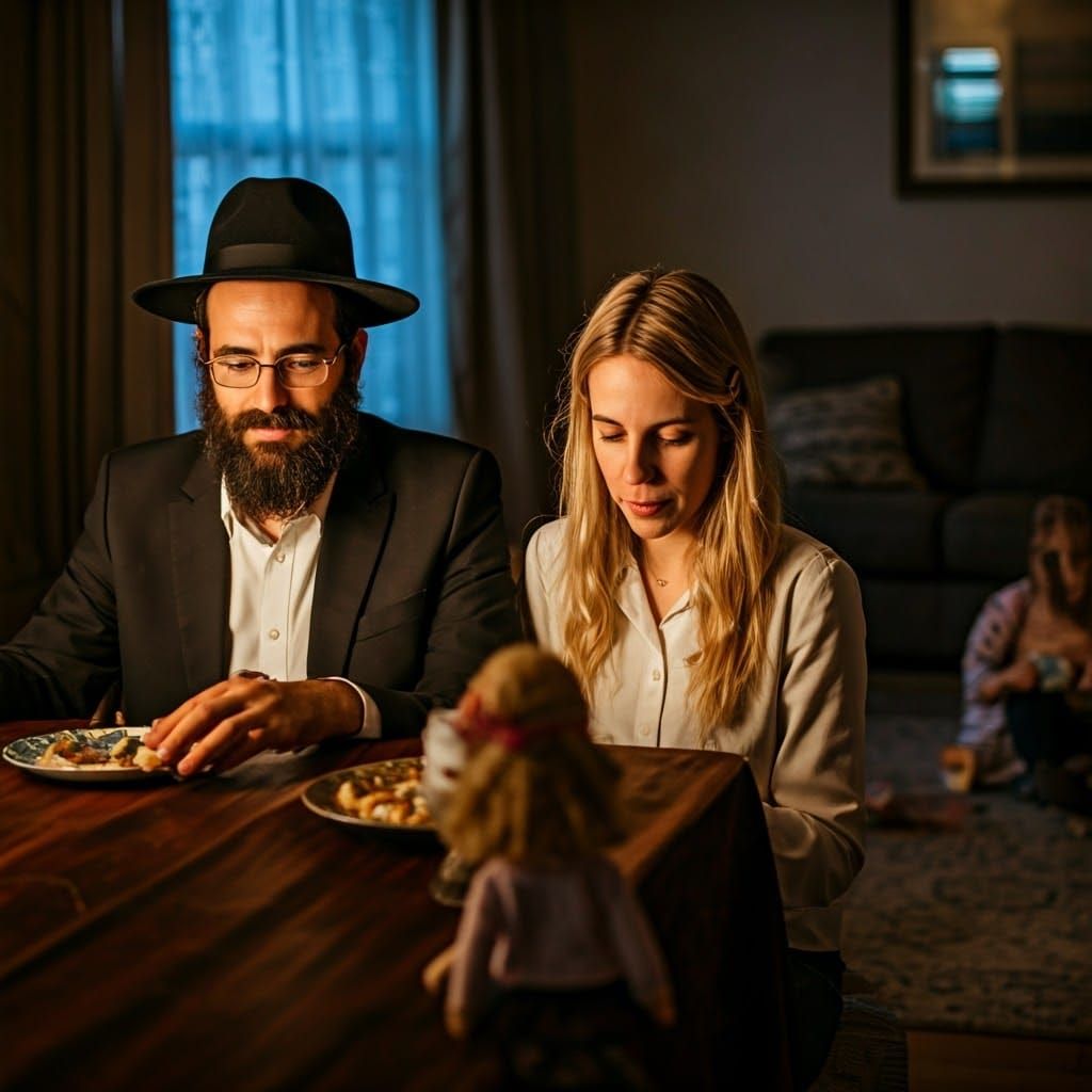 משפחה יהודית אורתודוקסית יושבים בשולחן שבת בערב האבא עם שטרי...