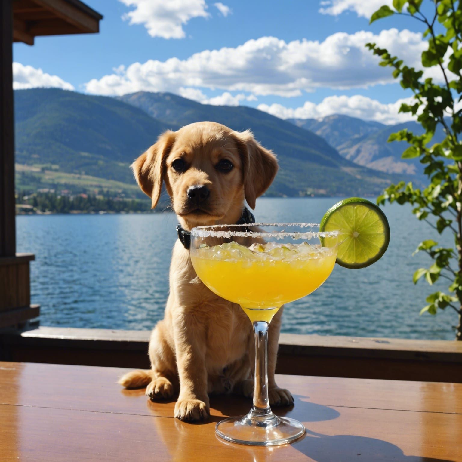 Puppy on a patio in paradise