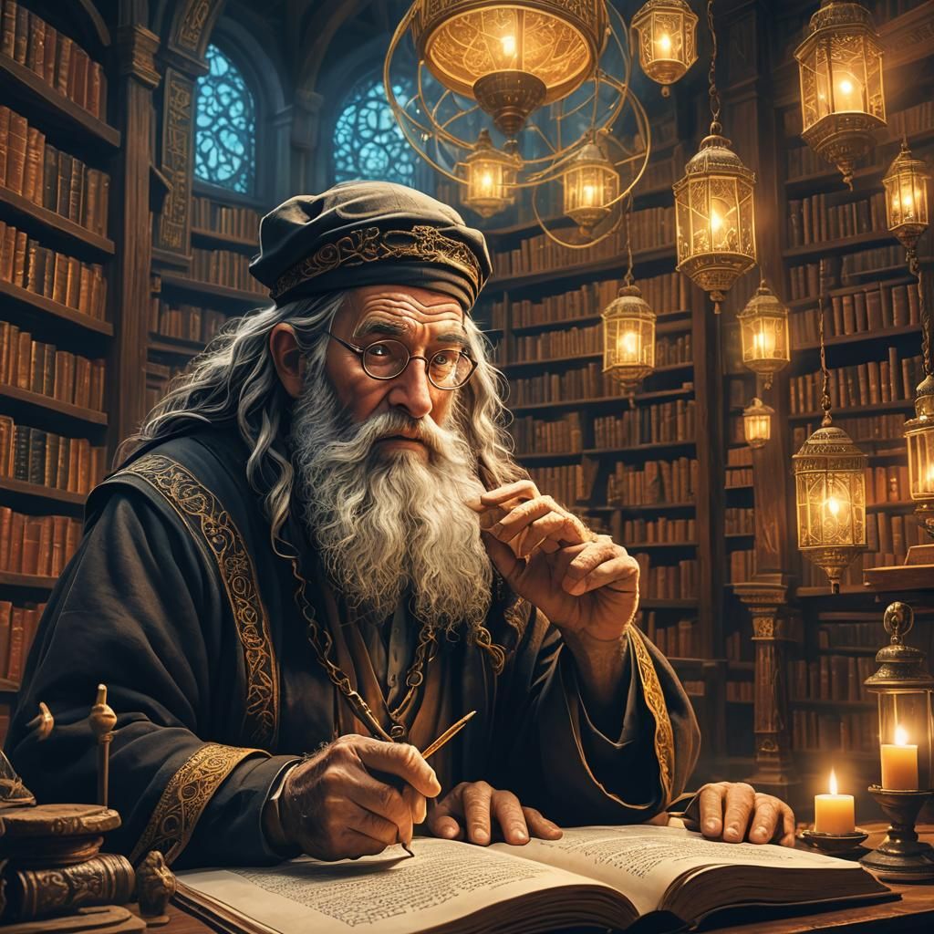 Wise Rabbi Studying Ancient Text in Mystical Library