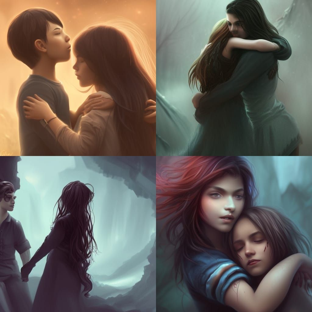 Girl with long dark hair hugs a young man with short hair, c...