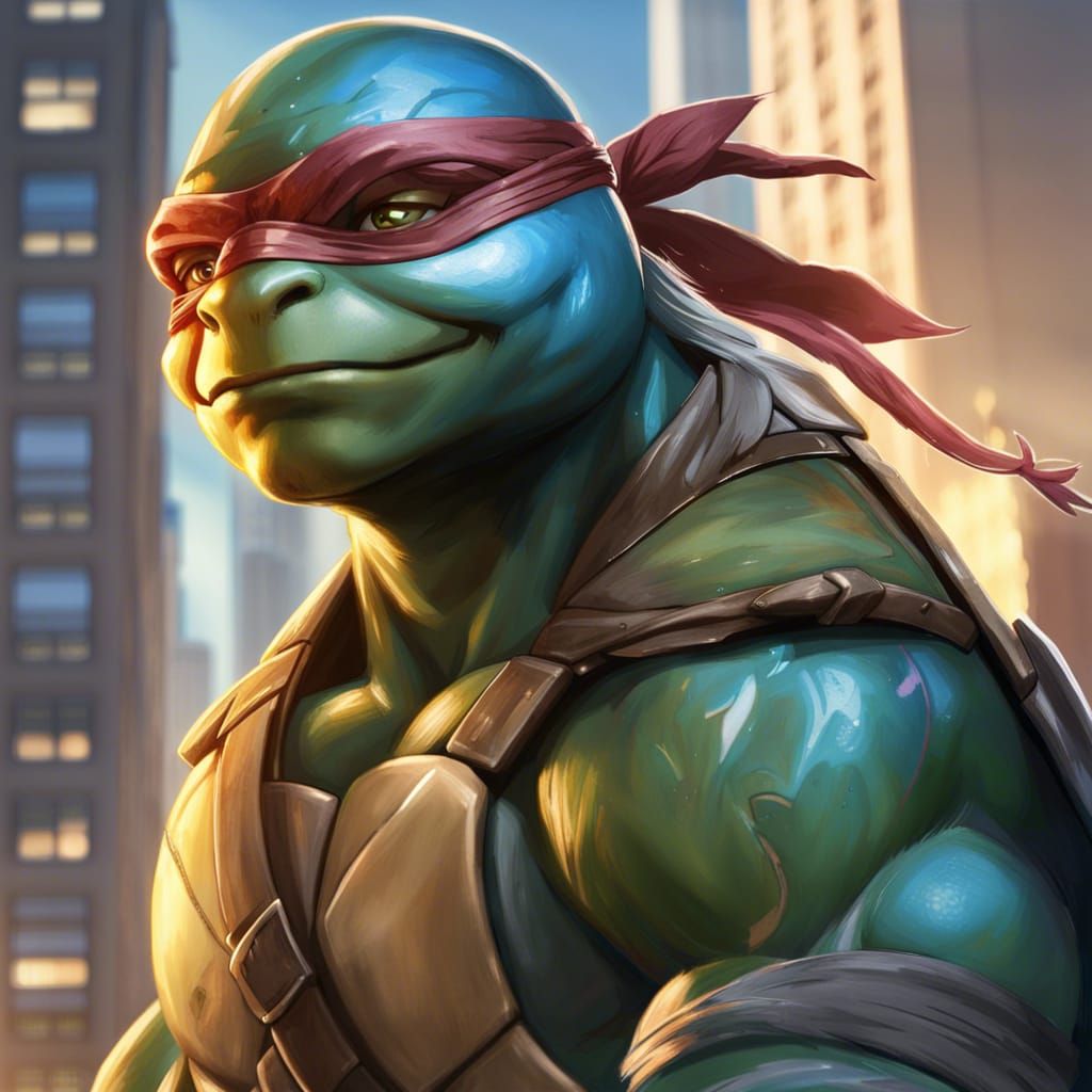 Teenage mutant ninja turtle Leonardo on the rooftop of a New York City ...