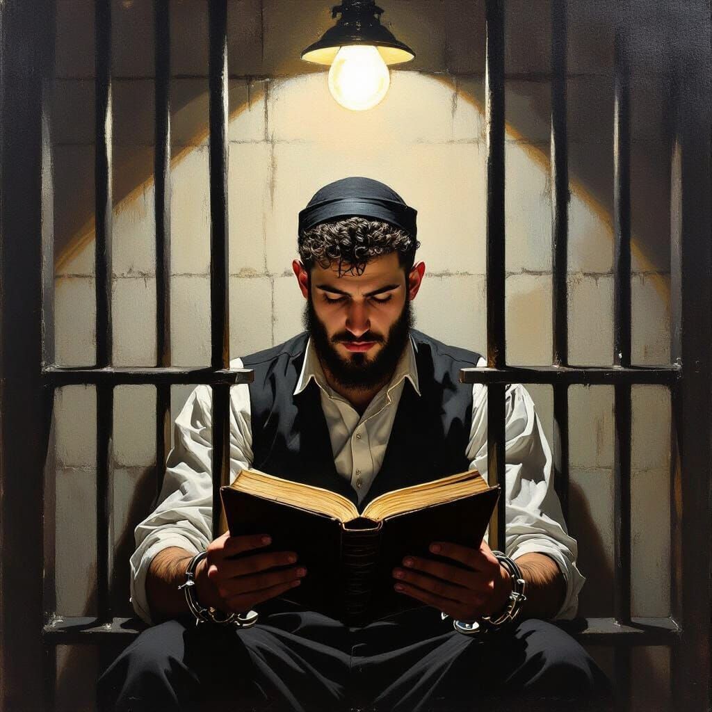 Haredi Man in Prison Holding Talmud, Dramatic Oil Painting