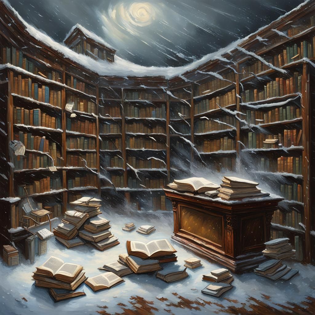 Surreal Winter Library Torn Apart by Tim Burton Storm