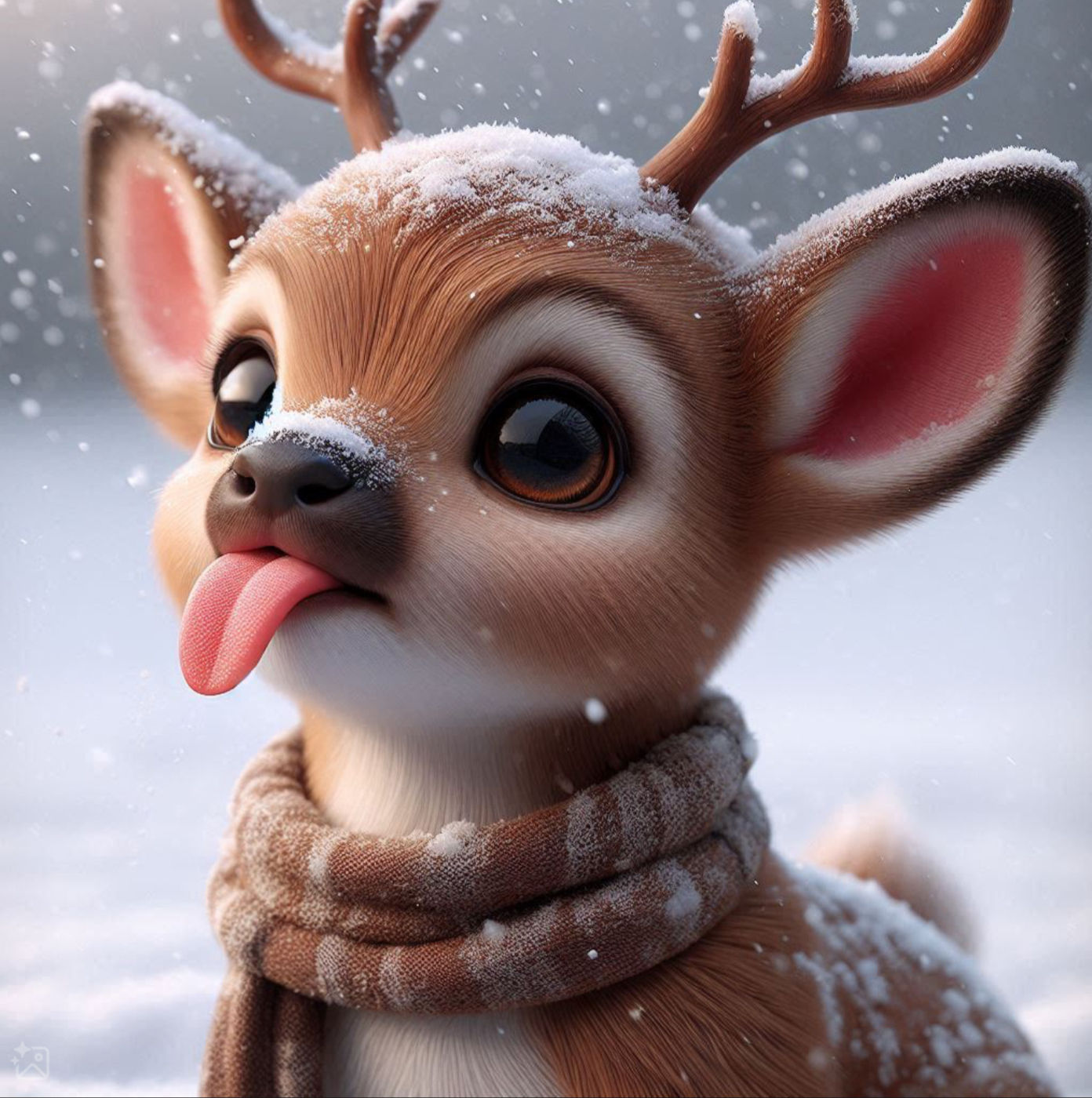 Deer licking snowflakes