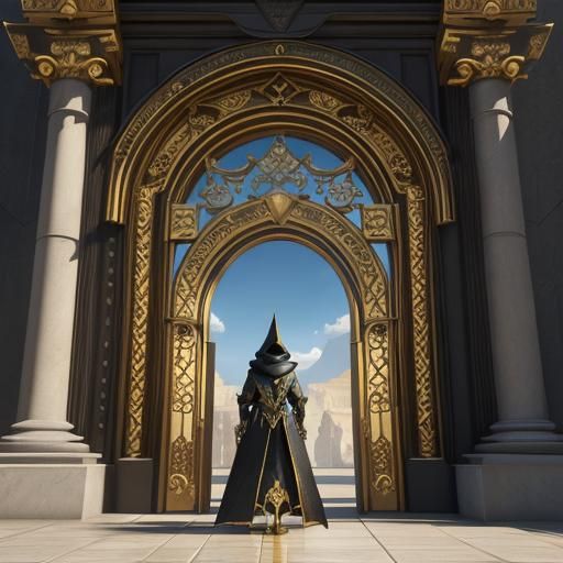 A GOLDEN GATES OF PARADISE 
 with a Dark Hooded LADY  Standi...
