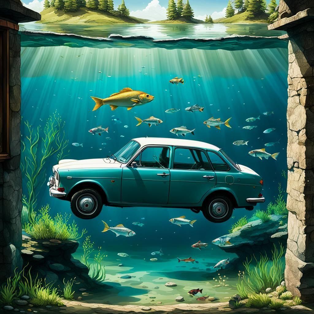 car at the bottom of a lake, fish swimming through the windows