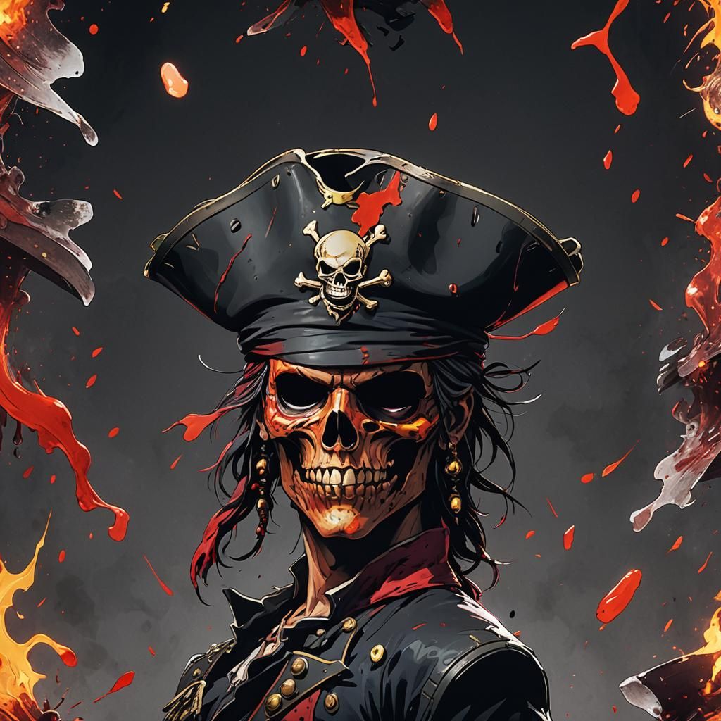 Pirate hat with blood stains on it in a fiery black background