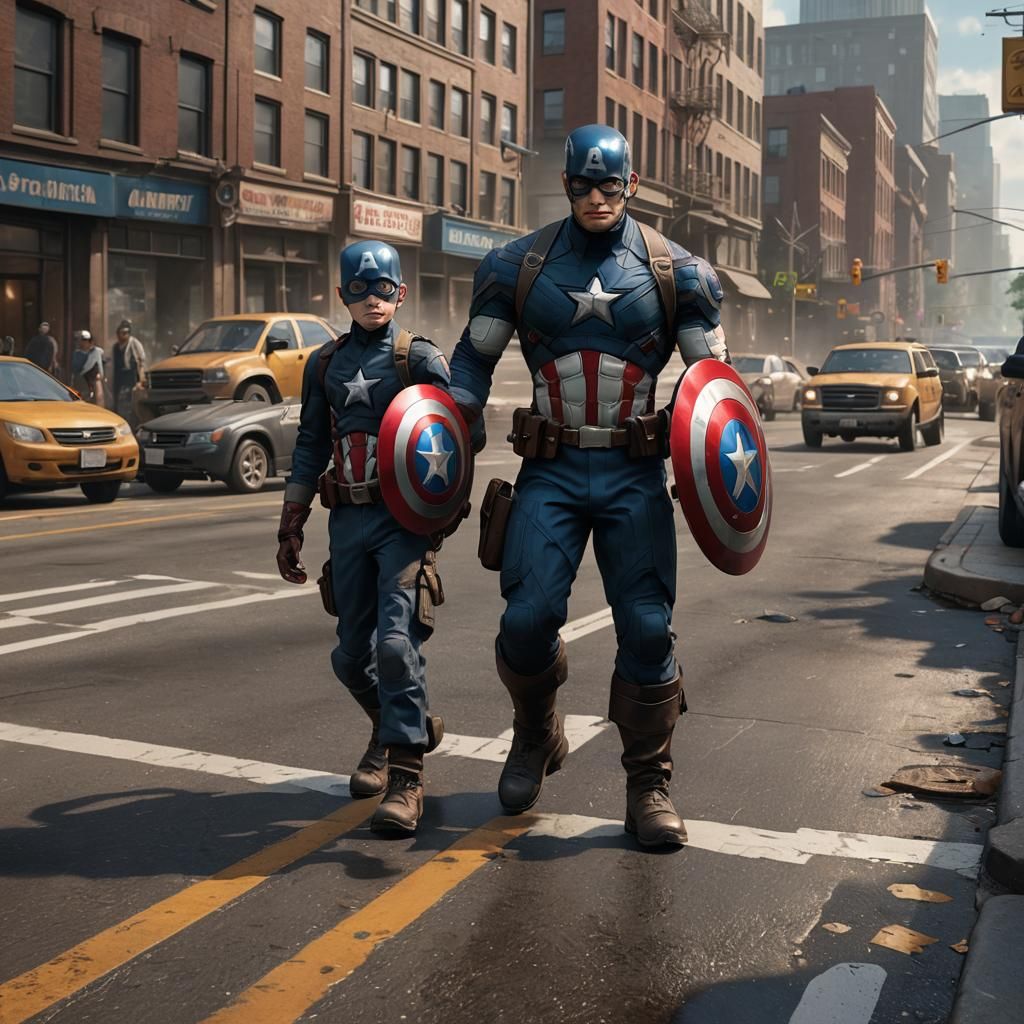 Captain America helping a handicapped boy cross the street