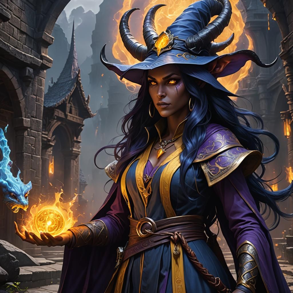 Tiefling Female Sorcerer, Glowing Yellow eyes, blue skin, lo...