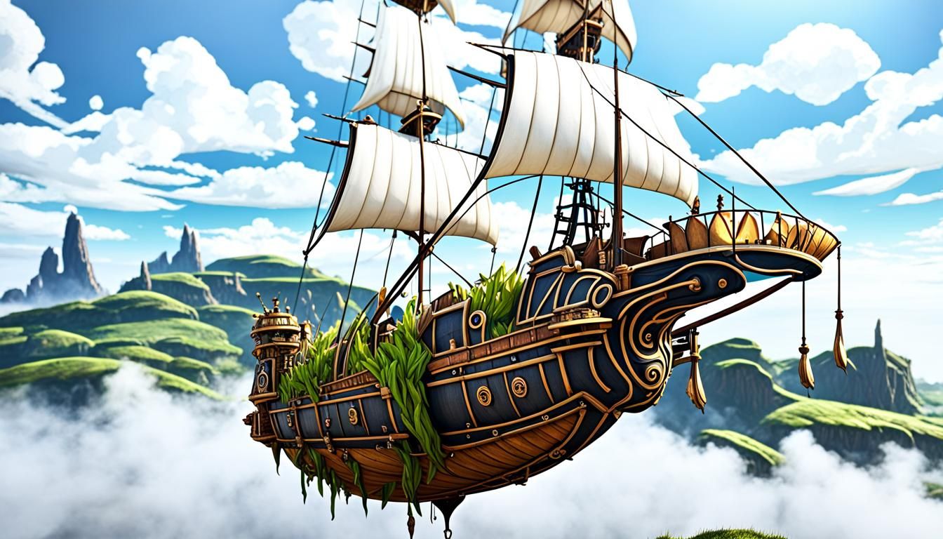 Fantasy airship hovering over a prairie, sailing ship, detai...