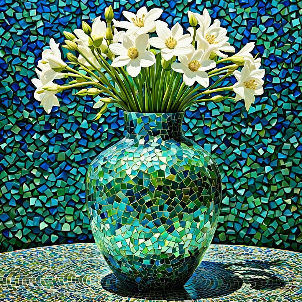 White mixed flower in a Blue green mosaic vase,round glass p...