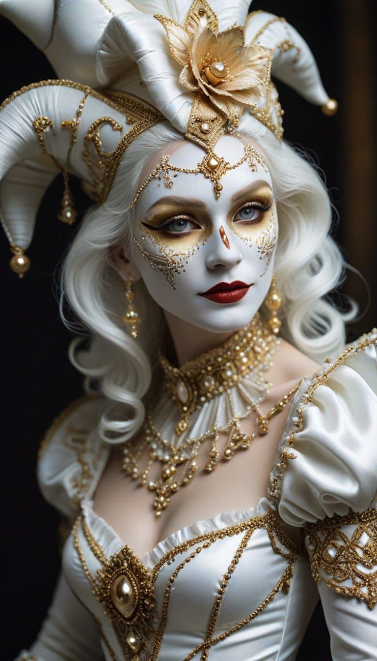 beautiful lady porcelain skin lady  jester, white makeup, venetian carnivale free your prompts wearing white and gold ...  by @India Irie