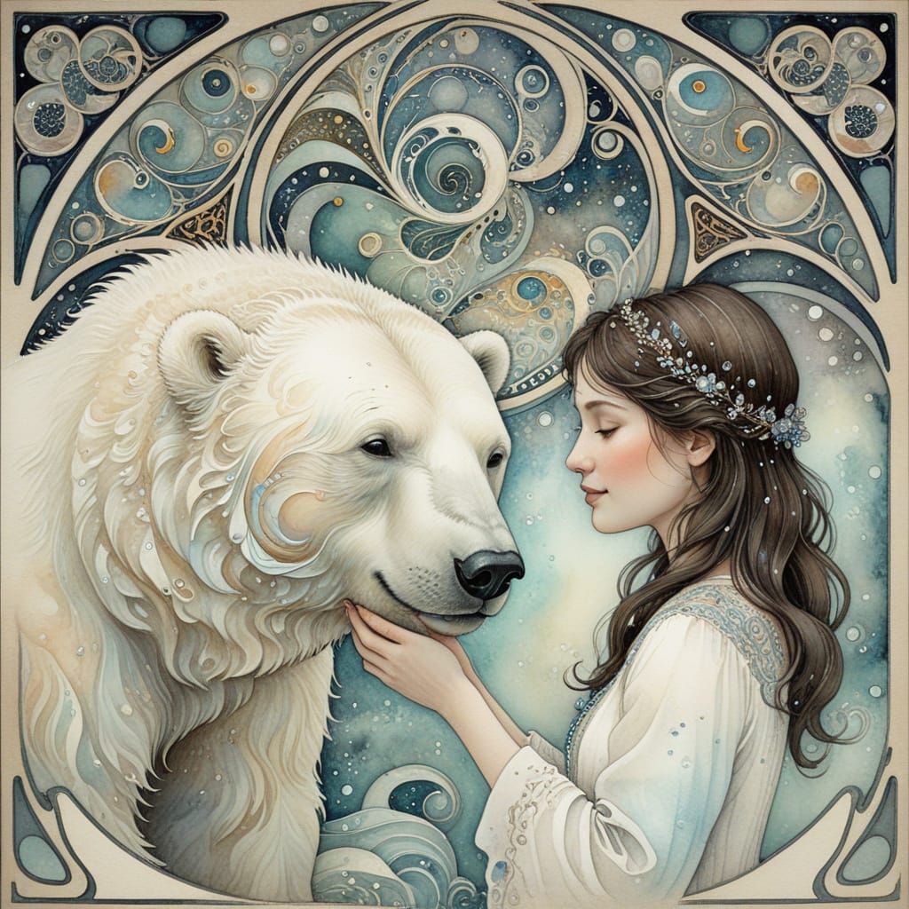  watercolor illustration ;alcohol ink,  opalescent mother of pearl  fractal; wave function; Zentangle;  A young girl, slight smile,  meeting...