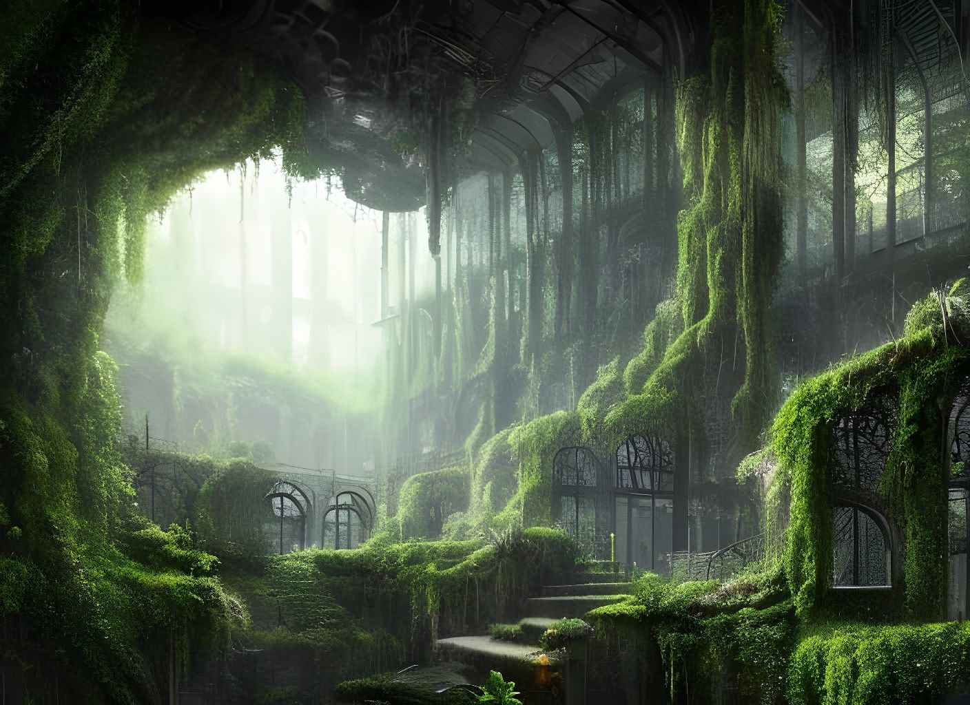 Beautiful Underground concrete city covered in vines and mos...