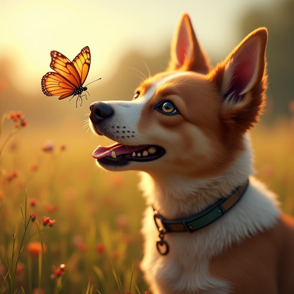 dog in the field playing with a butterfly