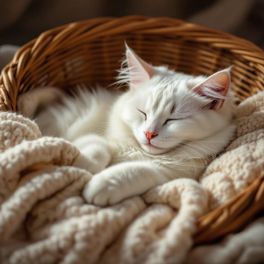 Sleeping White Cat in Basket