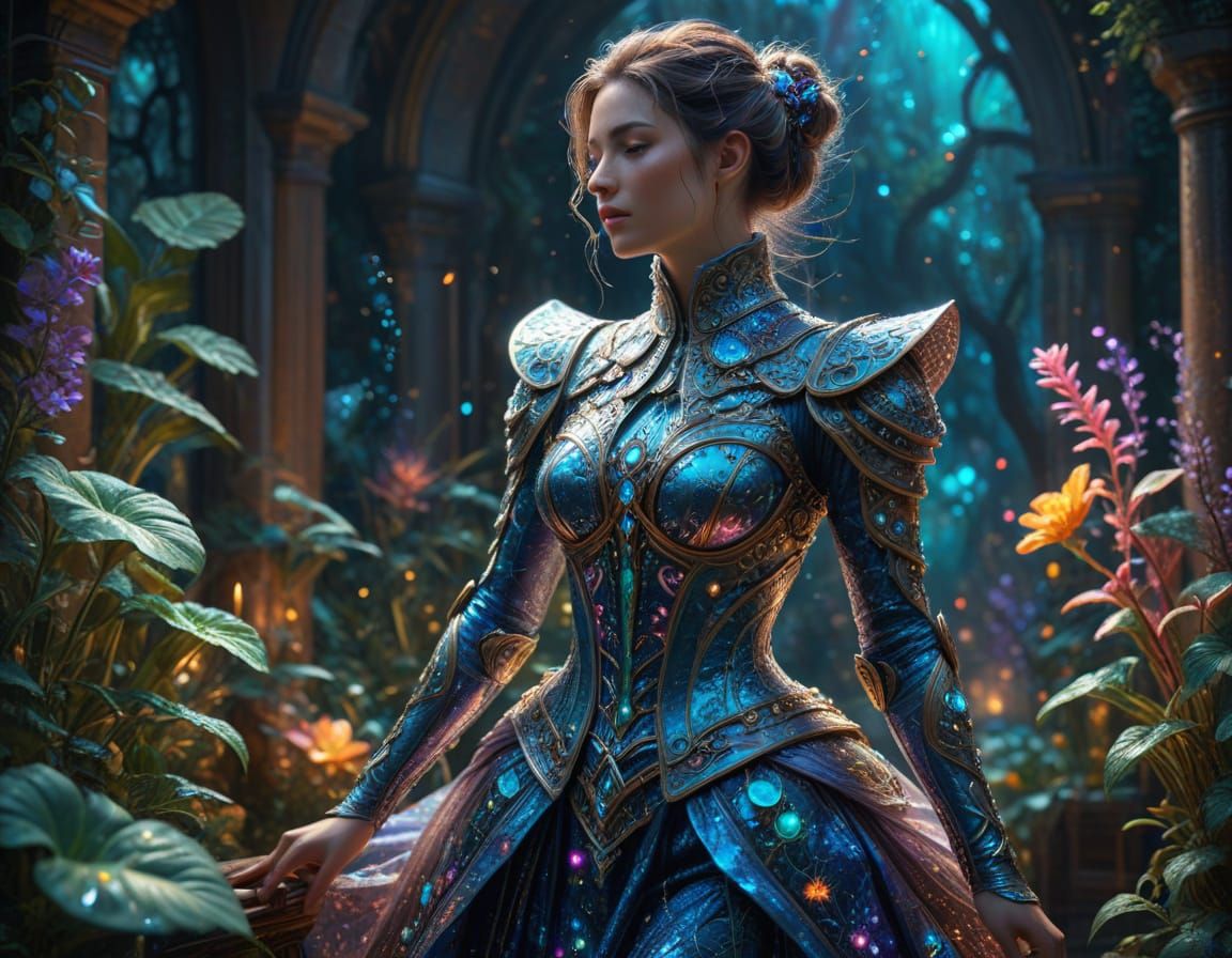 Gentle illustration : sharp lines : vivid colors : photorealism : futuristic - baroque magical, enchanted tailors : ancient sewing machines ...