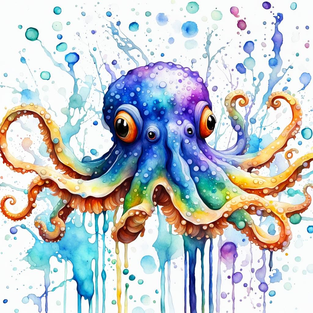 Cephalopodic surrealism wet wash wet brush watercolor bokeh ...