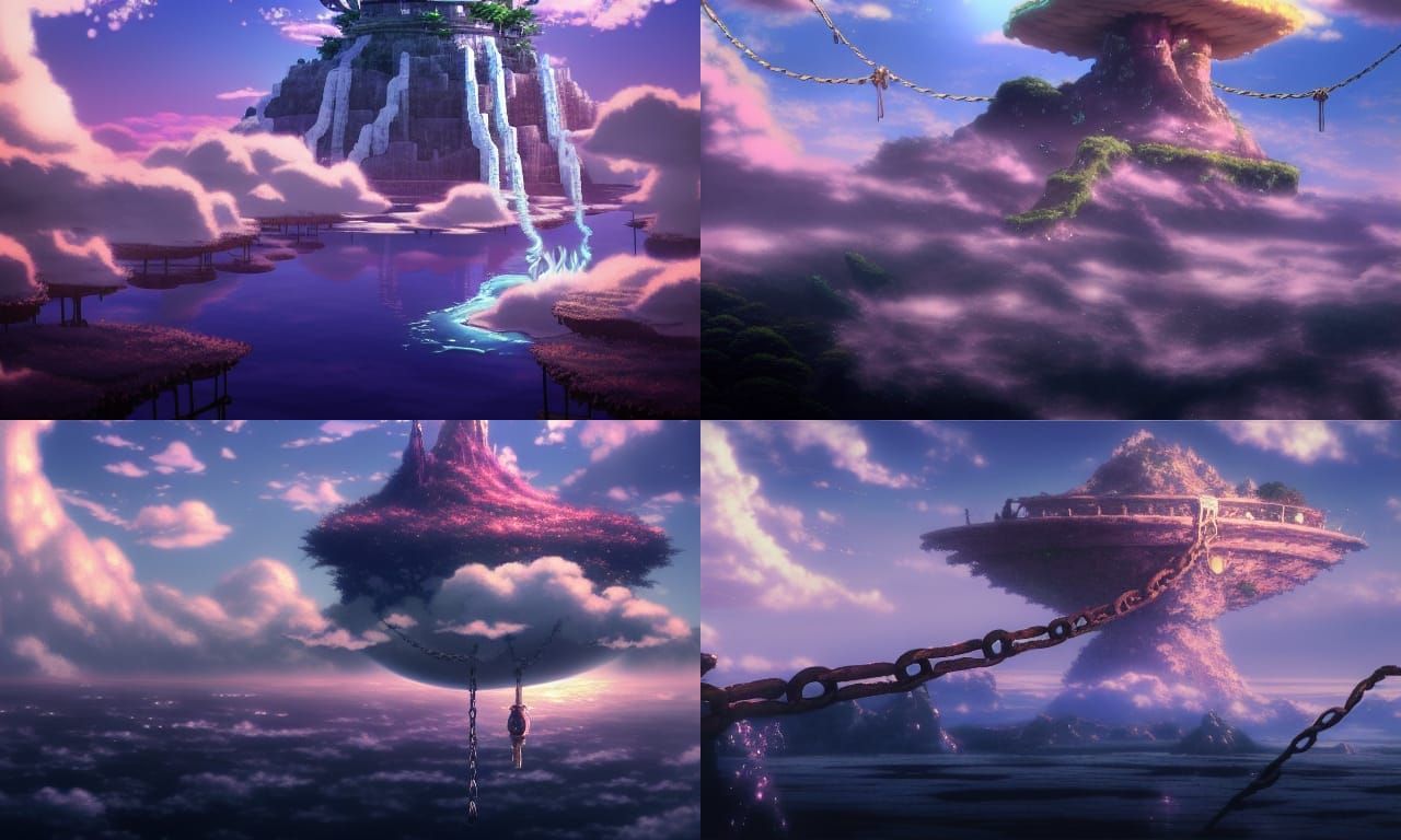 Fantasy Sky Island Held by Chains in Anime Style