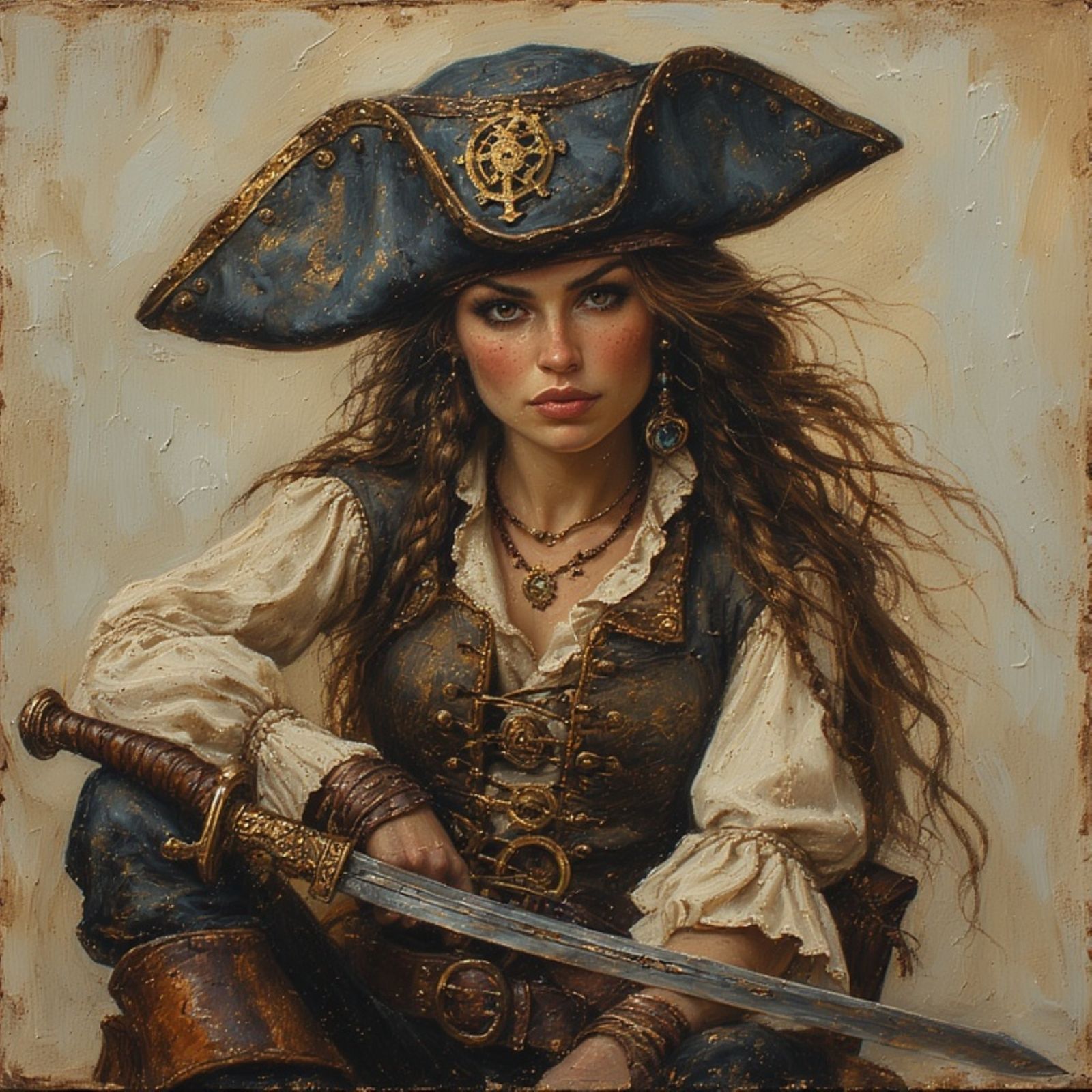 A captivating studio portrait of a fearless female pirate
