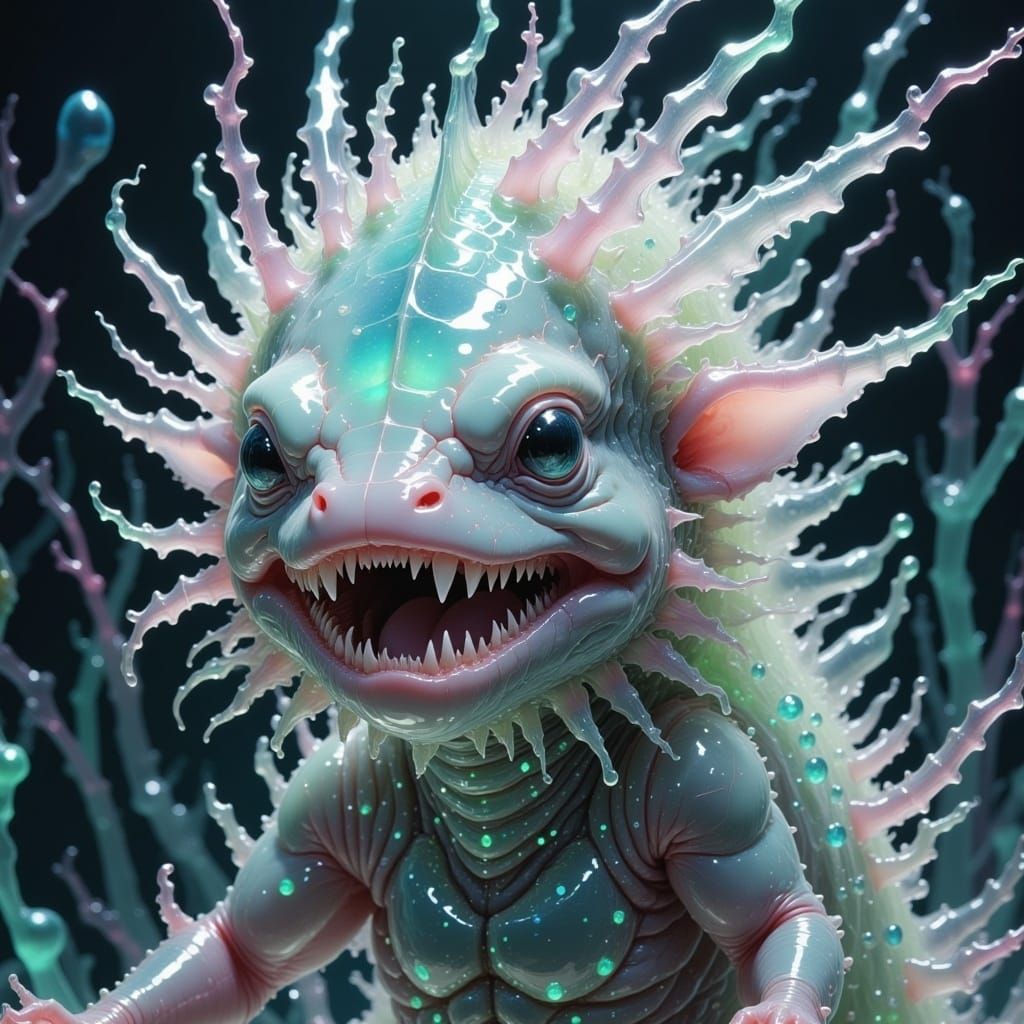 Mineral silicon baby gremlin lifeform with a pale polkadots glow from its center and translucent crystal body and limbs axolotl rows upon ro...
