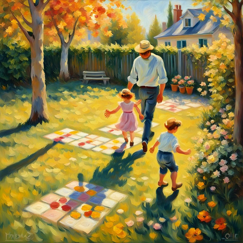 Father playing hopscotch with his kids
