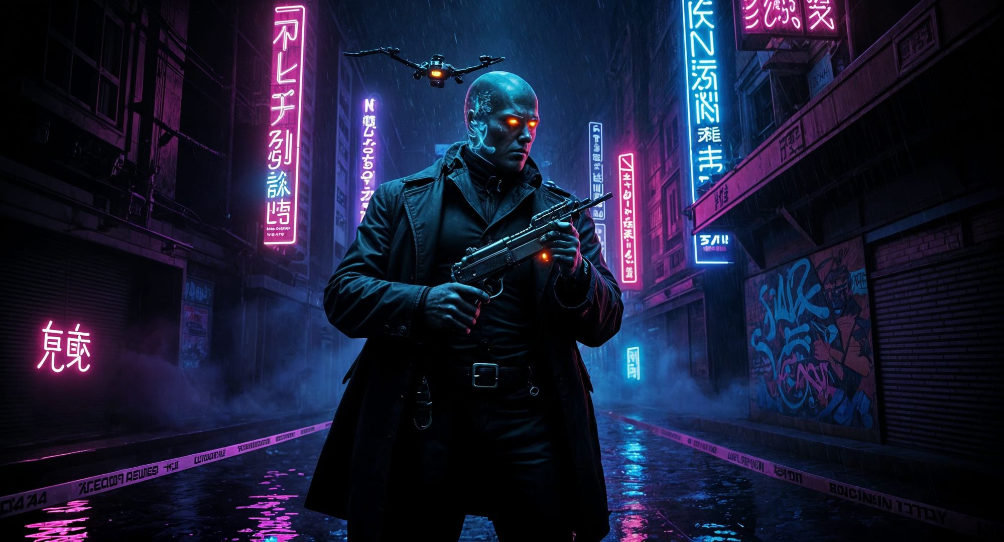 "A hardboiled detective stands in a neon-drenched alley, rain-soaked trench coat dripping while cybernetic implants glow beneath the skin of...