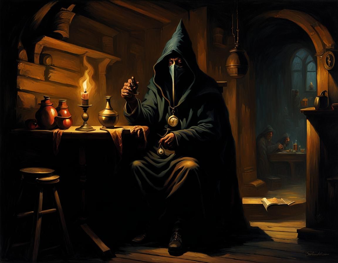 A mysterious hooded figure seated in a dark corner of a tavern, smoking a pipe. The smoke from his pipe ...  by @Ray-in-ME