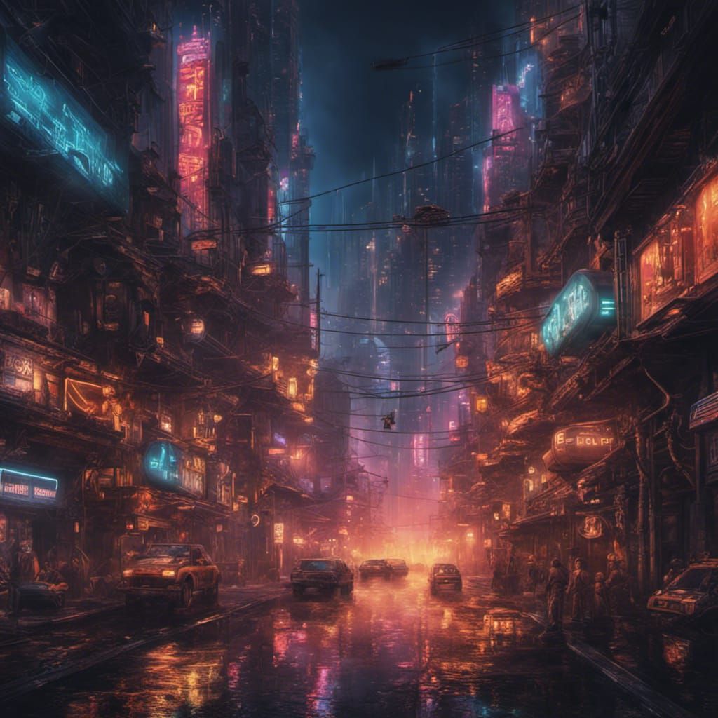 downtown in a rusty ghetto futuristic neon city made of metal with ...